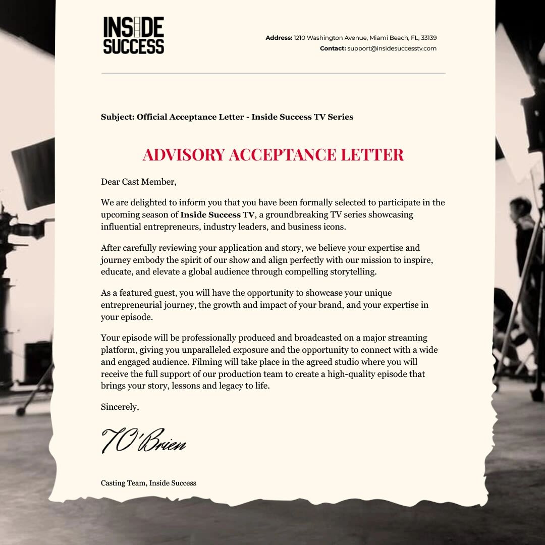Letter Of Acceptence for A TV SHOW