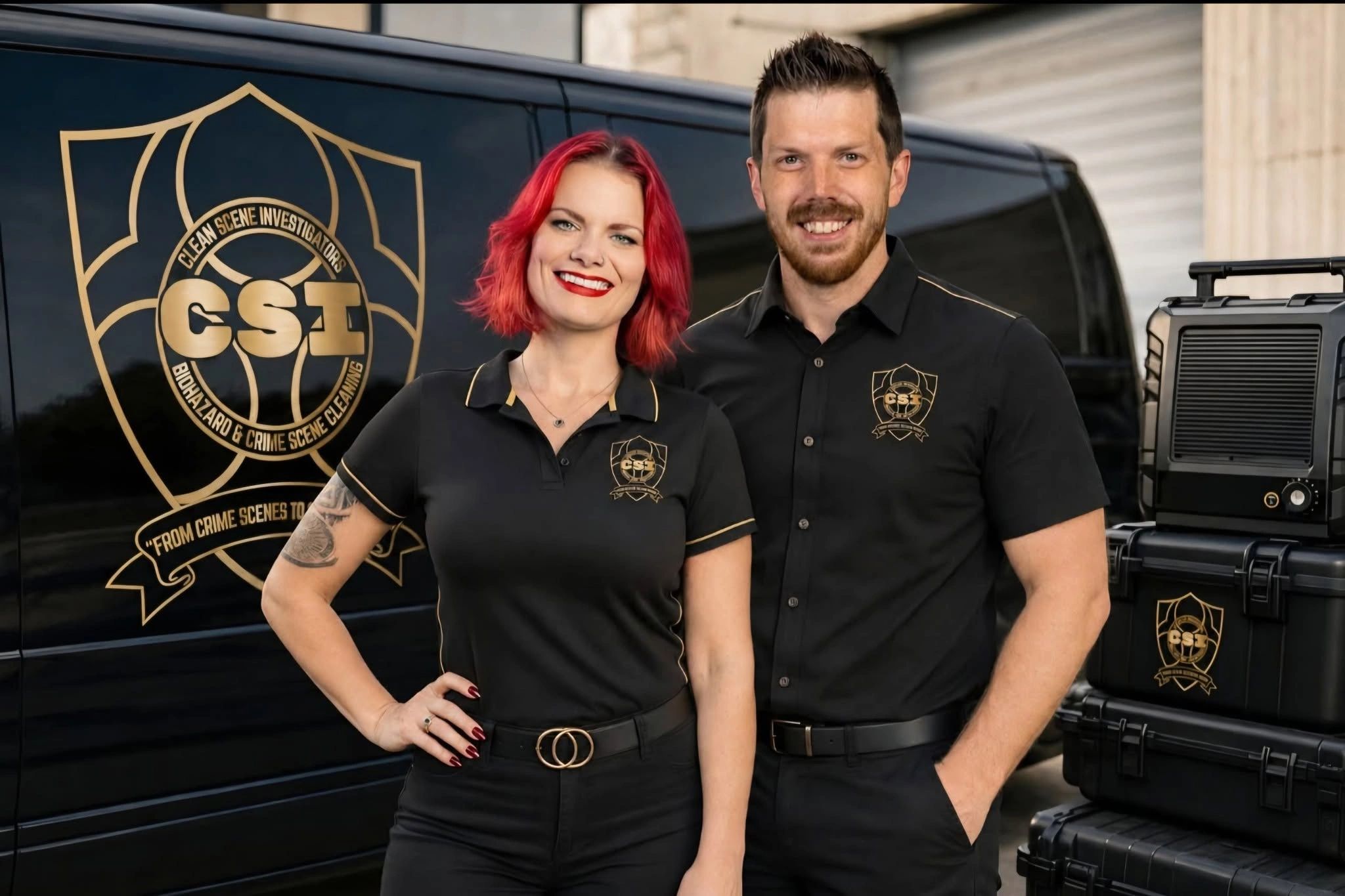 CSI's Founder and co founder standing next to their company vehicle