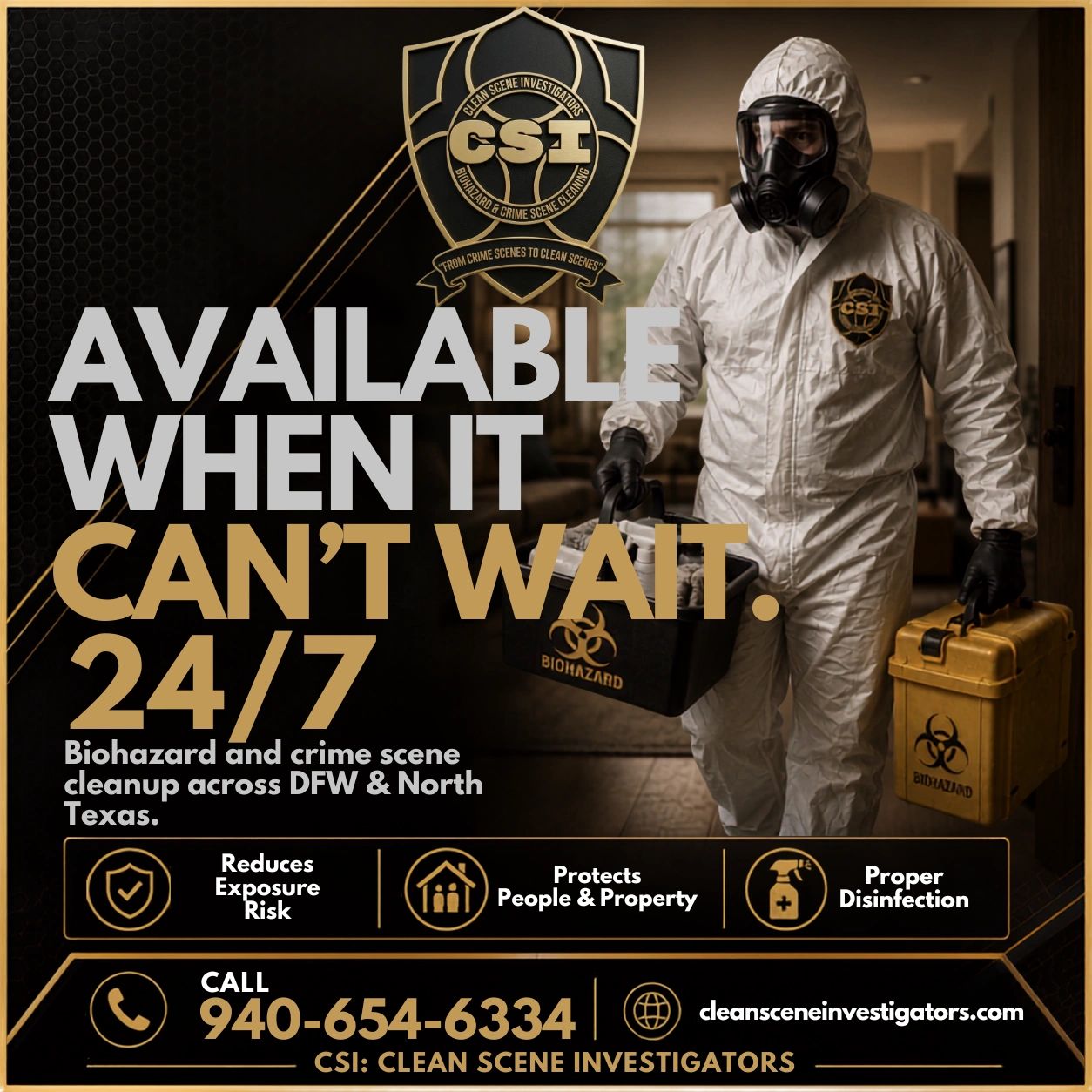 CSI: Clean Scene Investigators = 24/7 crime scene and biohazard cleanup in DFW and North Texas.